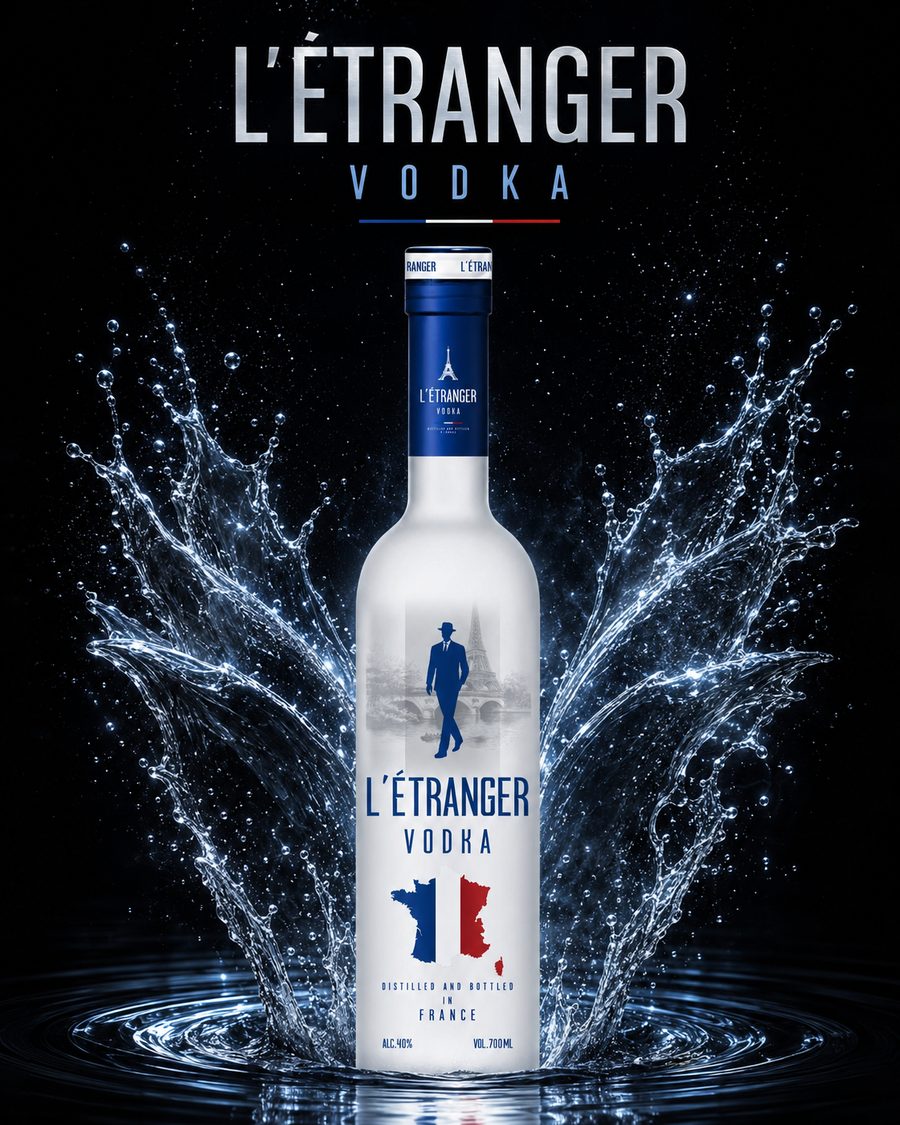 L'Etranger Vodka campaign visual: the bottle rising from a burst of clear water against a black background.