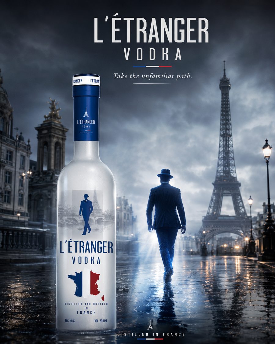 L'Etranger Vodka campaign visual: a man in a hat and suit walks a rain-slicked Paris street toward the Eiffel Tower, the bottle standing in the foreground.